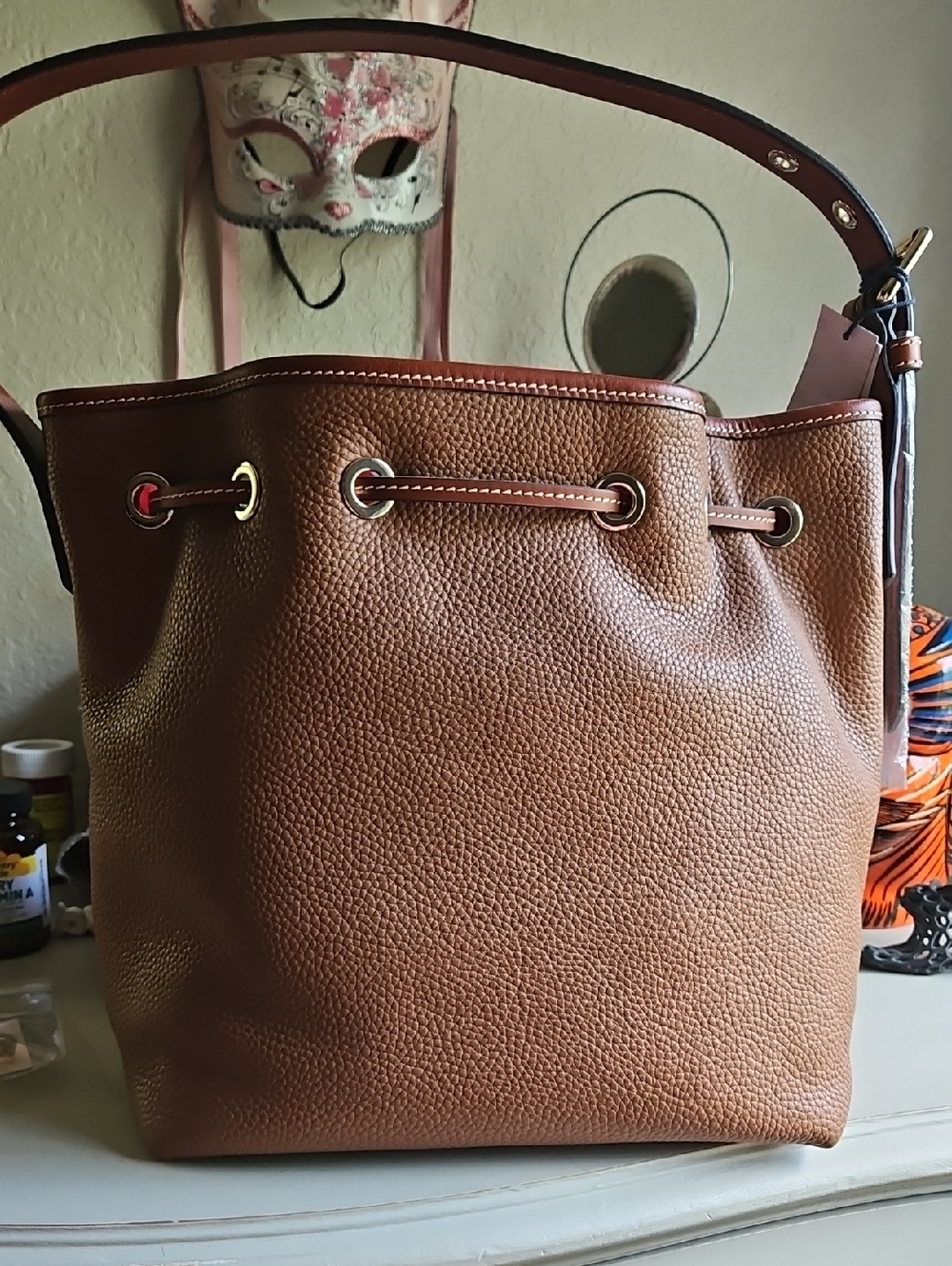 Dooney & Bourke Brown Pebbled Leather Tassel Drawstring Shoulder Bag - Picture 2 of 7